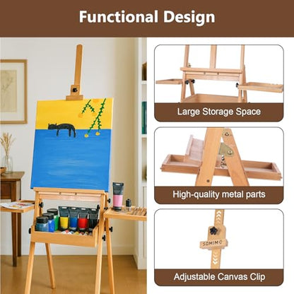 Large Wooden H-Frame Studio Easel with Storage Drawer and Palettes, Solid Beechwood Painting Easel for Students, Beginners, and Artists, Hold Canvas to 36Inches High - style: Side Trays Natural