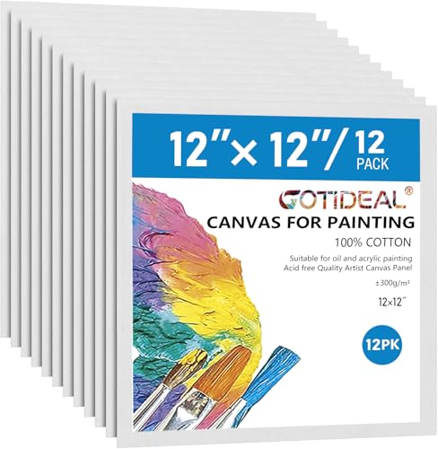 GOTIDEAL Canvases for Painting, 12x12 inch of 12, Professional Primed White Blank Flat Canvas Panels- 100% Cotton Artist Canvas Boards for Acrylics Painting, Oil Watercolor Tempera - size: 12"x12"