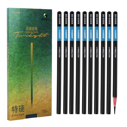 Marie's Charcoal Pencils for Drawing, 10 Pieces, Extra Hard Hard Medium Soft Extra Soft, Sketching Pencils for Artists, Smooth Charcoal Core for Layering, Blending and Detailed Artwork(Extra Hard) - style: Extra Hard (10pcs)