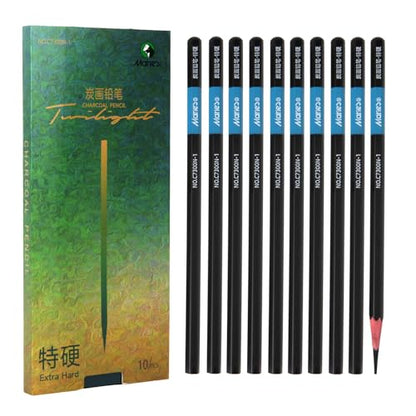 Marie's Charcoal Pencils for Drawing, 10 Pieces, Extra Hard Hard Medium Soft Extra Soft, Sketching Pencils for Artists, Smooth Charcoal Core for Layering, Blending and Detailed Artwork(Extra Hard) - style: Extra Hard (10pcs)