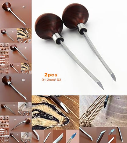 2pcs D1-2mm/D2 Printmaking Woodcut Copperplate Etching Carving Digging Away Push Out Line Stippling Tint Angle Gravers Scorpers Burins Knife Tools Set