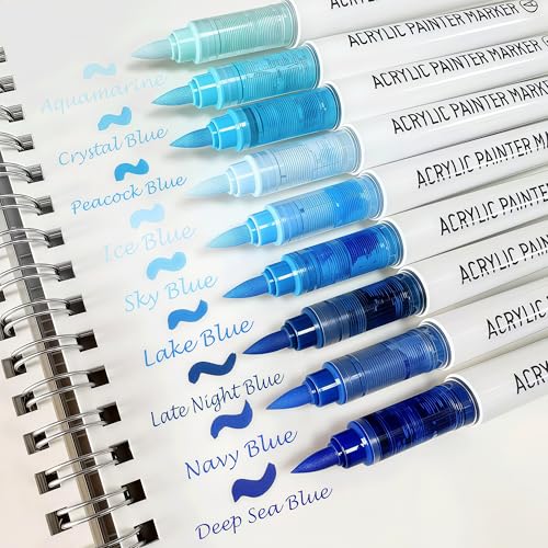 Brush Tip Acrylic Markers, 9 Colors Water Based Acrylic Paint Pens for Rock Painting, Journaling, Wood, Glass, Adult Coloring Books, Art & Journaling Supplies (Sea Salt Blue Series) - style: Sea Salt Blue Series