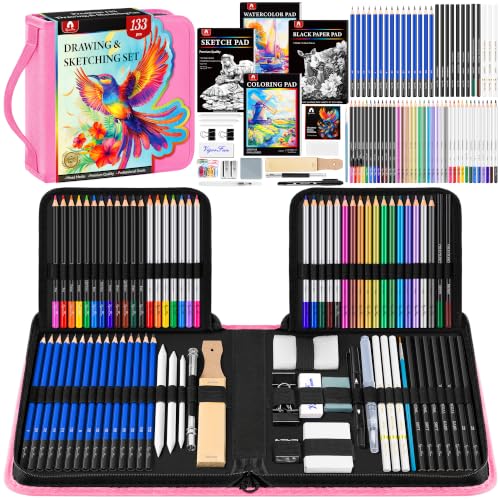 133 PCS Art Supplies Sketching Kit, Pro Drawing Pencils with Sketchbook, Coloring Book, Watercolor Pad, Black Paper Pad, Colored Graphite Charcoal Watercolor & Metallic Pencils for Artists Adults - color: Pink, size: 133 Pack