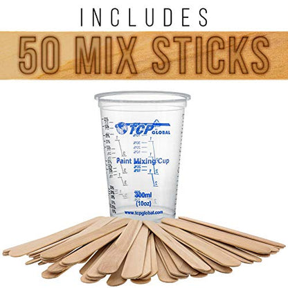 TCP Global 10 oz. (300ml) Graduated Plastic Mixing Cups - Box of 100 with 50 Mixing Sticks - Disposable Plastic Measuring Cups for Liquids, Paints, Resin, Epoxy, Art, Kitchen - Ratios 2-1, 3-1, 4-1 ML