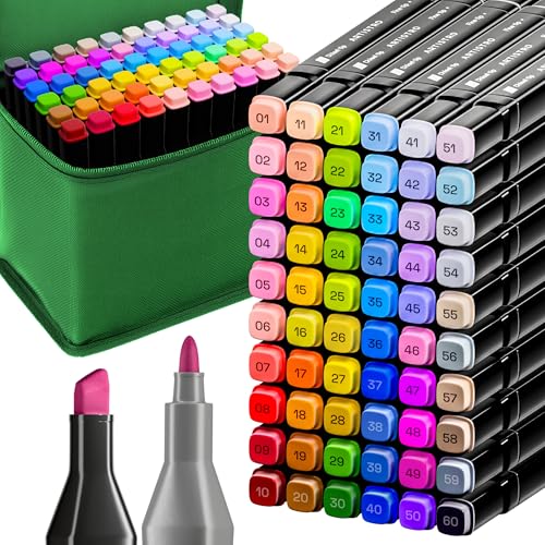 Alcohol Dual Tip Markers Set of 60 with No Bleed Ink, Bonus Case and Vibrant Fade-Resistant Colors, Art Supplies for Sketching, Manga, Drawing, Adult Coloring Books, Card Making (Fine & Chisel) - color: 60 Colors