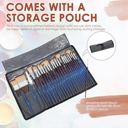 25pcs Paint Brush Set for Acrylic Painting, Acrylic Paint Brushes with Palette Knife and Cloth Roll, Paint Brushes Oil Watercolor Canvas for Artists and Beginners