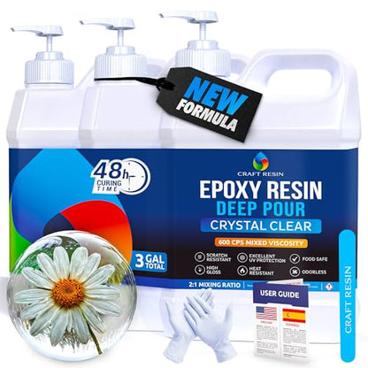 Craft Resin Deep Pour Epoxy Resin Kit 3 Gallon – for 2” Pours, Casting Resin Epoxy for River Tables, Wood, Flower Preservation & DIY Crafts – Crystal Clear & Bubble Free, UV Resistant & Food Safe - size: 3 Gallon