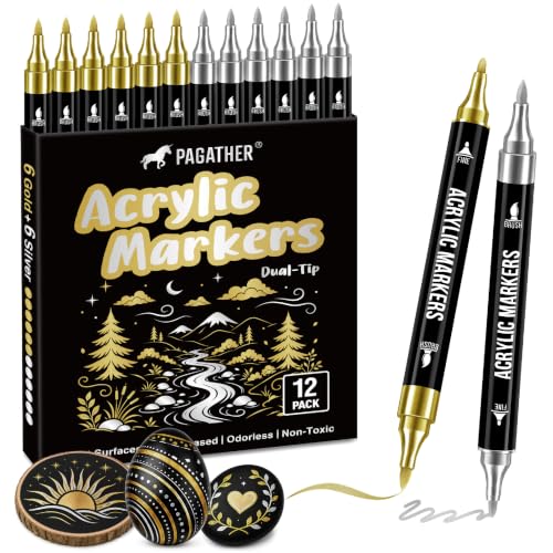 Pagather Gold and Silver Acrylic Paint Markers, 12 Pack Dual Tip with Fine Tip and Brush Tip Pens for Fabric, Stone, Wood, Canvas, Ceramic, Metal, Glass, Rock Painting, DIY Crafts - color: 12 Gold and Silver