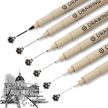 Black Fineliners Set of 6 – Waterproof Pigment Pens for Mandala Art, Calligraphy, Doodling, Architecture, Sketching, Writing & Outlining for Artists & Professionals