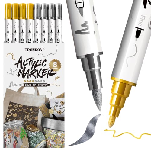 TRANSON 4 Gold and 4 Silver Paint Markers Brush and Fine Dual-tip Acrylic Paint Marker Set for Rock Painting Glass Canvas Wood Leather Ceramic Painting - style: Brush and Fine 4 Gold and 4 Silver