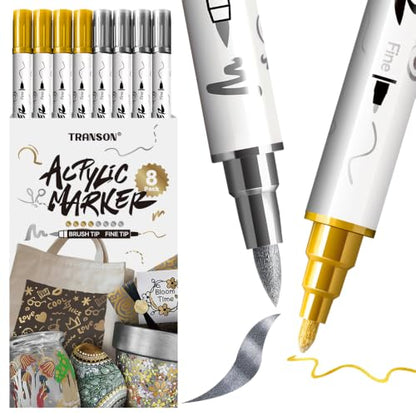 TRANSON 4 Gold and 4 Silver Paint Markers Brush and Fine Dual-tip Acrylic Paint Marker Set for Rock Painting Glass Canvas Wood Leather Ceramic Painting - style: Brush and Fine 4 Gold and 4 Silver