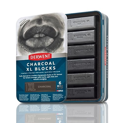 Derwent Charcoal XL Blocks 6 Tin, Set of 6, 60mm Extra-Large Block, Naturally Water-soluble, Ideal for Sketching, Drawing and Expressive Mark Making, Professional Quality (2306196) - color: Assorted Dark Colors, size: 6 Count (Pack of 1), style: Charcoal