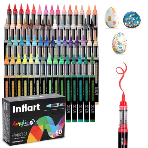60 Colors Acrylic Paint Markers Brush Tip, Automatic Ink Control Acrylic Paint Pens Waterproof Acrylic Markers Set for Holiday Decorations, Stone, Wood, Glass, DIY & Art Supplies