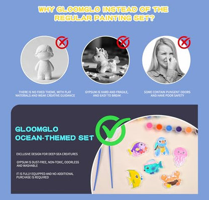 GloomGlo Kids Ocean Theme Paint Set - 24 Sea Creatures Plaster Painting Kit with Paint Colors, Brushes & Palettes | Kids Arts Crafts Supplies
