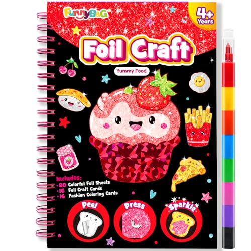 FUNNYB&G Foil Art Craft Kit for Girls 4-10 Years Old: Mess-Free & No-Glue, Create 16 Sparkly Food Pictures – Perfect Travel Toy & Birthday Gift for Kids (Food) - style: Food