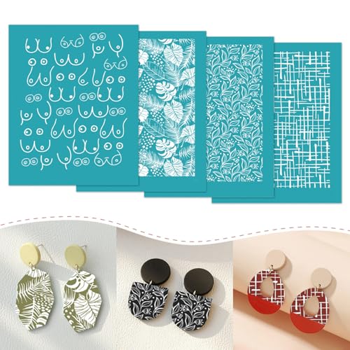 Briartw 4 Pattern Clay Silk Screen Stencil Set for Polymer Clay –Botanical & Geometric DIY Craft Templates (4.13x3.35 Inch / 10.5x8.5 cm) –for Polymer Jewelry,Earrings,Sculpting & Decorative Art - color: Botanical & Geometric