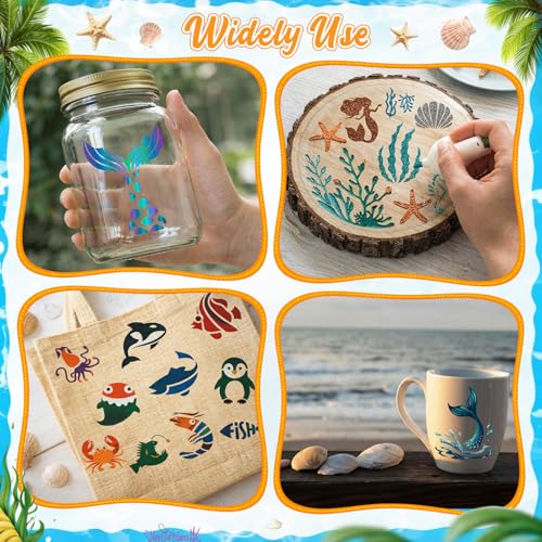 Fainne 100 Pcs Small Stencils for Crafts, 1.5 Inch Reusable Painting Stencils Painting Crafts Templates for Wood, Wall, Home Decor, Canvas, Fabric (Marine Life) - style: Marine Life