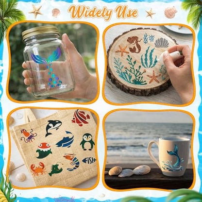 Fainne 100 Pcs Small Stencils for Crafts, 1.5 Inch Reusable Painting Stencils Painting Crafts Templates for Wood, Wall, Home Decor, Canvas, Fabric (Marine Life) - style: Marine Life