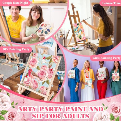 8 Sets 8" x 10" Flower and Bird Pre Drawn Canvas for Painting for Sip and Paint Party Predrawn Coloring Set Pre Sketched Canvas Boards with Paints and Brushes for Adult - style: Flower and Bird