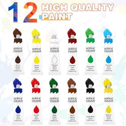 ESRICH 26 PCS Acrylic Paint Set with 12 Colors Acrylic Paints (12ml, 0.4 oz), 10 Paint Brushes, 2 Canvas, 1 Wood Easel, 1 Plate, Painting Supplies Kits for Kids, Adults, Artists and Beginners - color: 12 Color