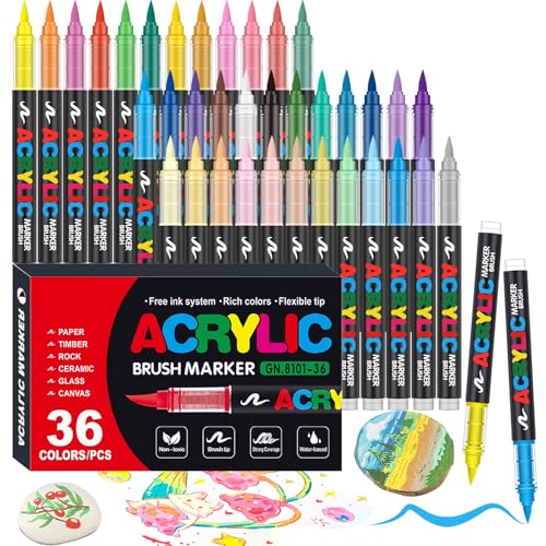 36 Colors Soft Brush Tip Acrylic Markers Set, Paint Pens for Rock, Wood, Fabric, Canvas, Glass, DIY Crafts, Waterproof Paint Markers, Vibrant Acrylic Pens for Artists and Art Projects - style: 36 colors
