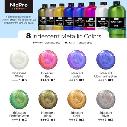 Nicpro 8 Colors 33.8 oz Large Bulk Iridescent Acrylic Pouring Paint Supplies Kit, Premixed High Flow Art Pour Paint with Silicone Pour Oil, Gloves, Tablecloths for Beginner DIY, Ready to Pour - color: Iridescent Color
