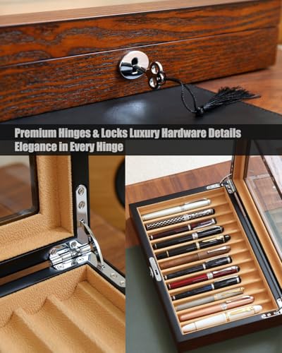 Fountain Pen Display Case with 12 Pens, Wood Pen Display Box, Lockable Pen Storage Box with Glass Top, Pen Box Organizer, Pen Collection Display Case (Brown with Camel Velvet) - color: brown 12 slots, camel velvet