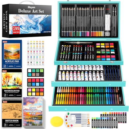 iBayam Arts and Crafts Kits for Adult, 195-Pack Deluxe Art Set Box with 3 PCS Drawing Pads, Canvases, Acrylic Painting, Drawing & Art Supplies for Pumpkin, Halloween, Christmas - color: Teal