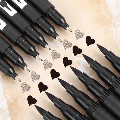 Sibba 12 Pack Black Drawing Pens Black Markers for Drawing Dual Tip Brush Fineliners Pens Fine Point Washable Brush Tip Markers for Adults Art Drawings Sketching Journaling Calligraphy Dooding Marking