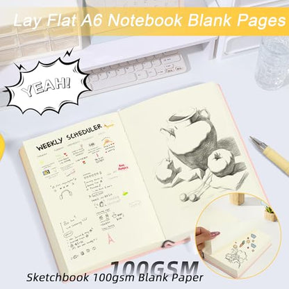 Thick Blank Journal Notebook 400 page With Pen Holder 100gsm Thick Paper，A6 Unlined Plain Sketchbook ， Small Soft Leather Unlined Pocket Blank Notebook For Women Drawing Book Memo Writing Sketch Travel Diary 3.9 × 5.5(Everything Goes Well) - color: Pink-E