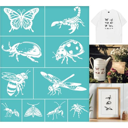 2 Sheets Insects Silkscreen Stencil, Butterfly Ladybird Honeybee Praying Mantis Painting Stencils Templates Reusable Self-Adhesive Silk Screen Printing for Wall Border Wood Fabric Home Decor - style: Insects