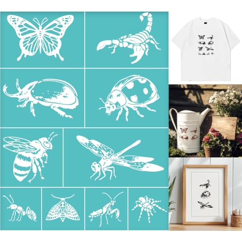 2 Sheets Insects Silkscreen Stencil, Butterfly Ladybird Honeybee Praying Mantis Painting Stencils Templates Reusable Self-Adhesive Silk Screen Printing for Wall Border Wood Fabric Home Decor - style: Insects