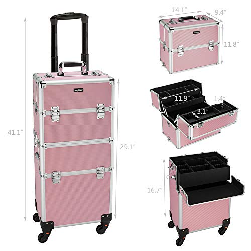mefeir 2 in 1 Rolling Makeup Train Case, Makeup Travel Organizer Cosmetology Case, Aluminum Cosmetic Display Suitcase on Wheels, Beauty Storage Luggage Lockable w/4 Removable Wheels (Pink) - color: 2IN1 Pink