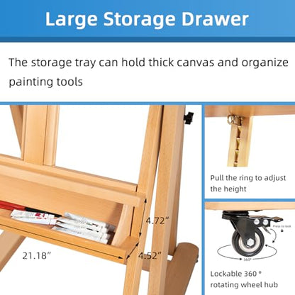 Falling in Art Extra Large H-Frame Studio Easel, Solid Beechwood Artist Easel with Storage Tray, Adjustable Canvas Holder Stand with Rolling Wheels for Painting Adult - style: Studio Easel Natural