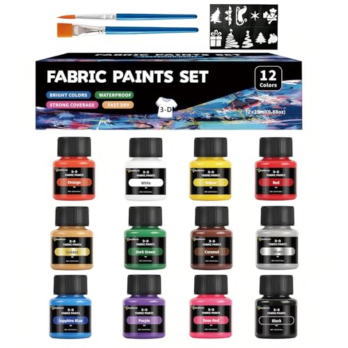 Fabric Paint Set, 12 Vibrant Colors Permanent Textile Paint (25ml/0.88oz) with Brushes & Stencils, Non-Toxic Water-Based Paint for T-Shirts, Bags & DIY Art Projects - color: 12colors