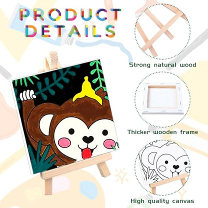 48PCS 12 Sets Printed Canvas Paint Art 12 Pcs Wooden Easel Set Paint Pots and Brushes and 12 Pre Drawn Canvas Panel 12 Pcs Mini Apron and Tote Bag for Kids(Dainty) - style: Dainty