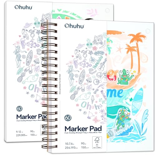 Ohuhu Double Sided Marker Pads Art Sketchbook Bleedproof - 10x7.6 Spiral Bound Type + 9x12 Glue Bound Type Set, Total 2psc Marker Pads