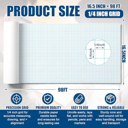 Jetec 1 Roll Large Grid Graph Paper Roll 1/4'' Grid 16.5 Inch x 98ft Engineering Drafting Paper for Blueprint School Classroom Graphing Supplies Engineer Architect Designer Mathematician Gifts - color: 1/4'' Grid, size: 16.5 Inch X 98ft