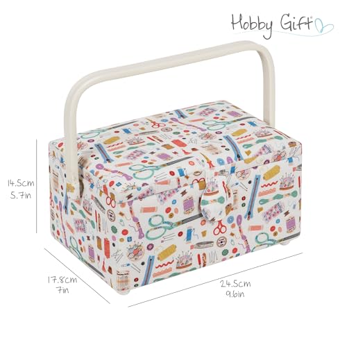Hobby Gift Medium Sewing Box Organiser, Fabric Covered Storage Box with Handle, Internal Tray, Pin Cushion and Pocket for Sewing, Quilting and Knitting Supplies - color: Haby Notions