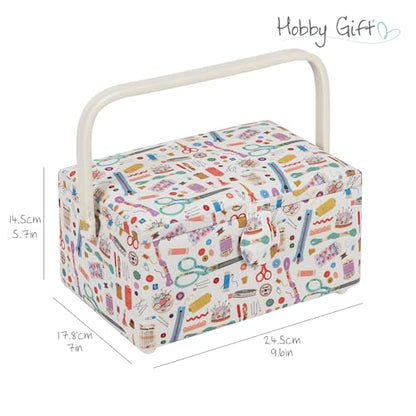 Hobby Gift Medium Sewing Box Organiser, Fabric Covered Storage Box with Handle, Internal Tray, Pin Cushion and Pocket for Sewing, Quilting and Knitting Supplies - color: Haby Notions