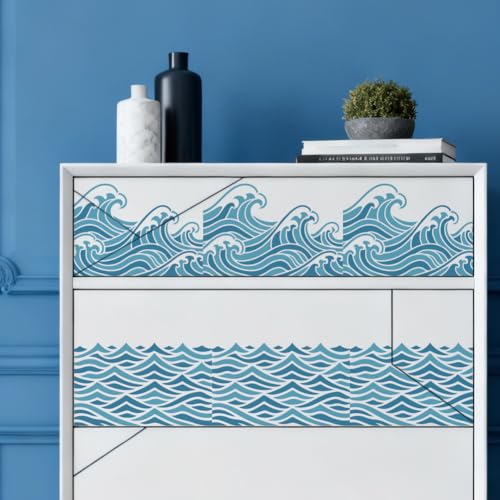 6 Sheets Wave Stencils for Painting, 6 Styles Summer Ocean Sea Wave Wall Stencil Template Reusable Beach Theme Decor Stencils for Painting on Wall Wood Home Decor - style: Waves