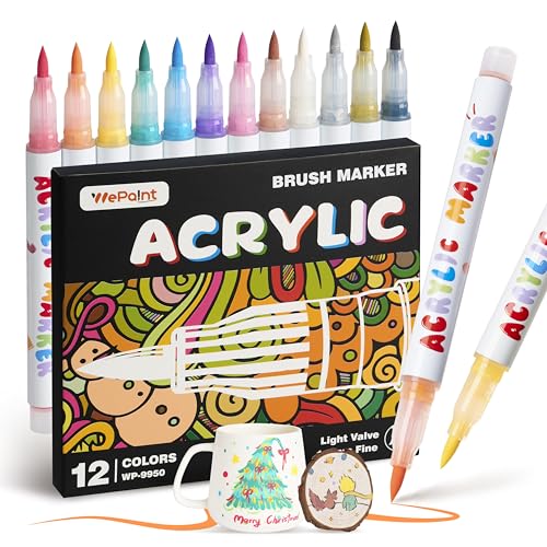WePaint 12 Colors Acrylic Paint Markers, Paint Pens Set with Soft Brush Tip, Fabric Markers for Textile, Canvas, Rock, Wood, Glass, Paper, Acrylic Coloring Pens for DIY Craft Supplies - color: 12 Colors