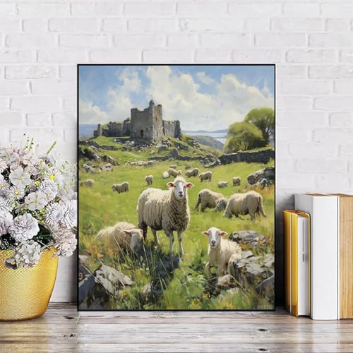 QACEYID Canvas Paint by Numbers Kits for Adults, Ireland Sheep Lambs, DIY Kit for Adults Acrylic Paint Oil Picture of Coloring by Numbers Art, 40x50cm