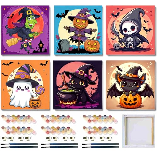 MXCFZX 6 Pack Ghost Paint by Numbers for Kids/Adult, Halloween Painting, Children's Adult Paint by Number, Ages 4-12, DIY Acrylic Oil Painting Set, Suitable for Home Wall Decoration 8 x 8 inch - color: Halloween Paint By Numbers with Framed 6-pack, size: