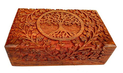 Ajuny Hand Carved Wooden Keepsake Box, Tree of Life Jewelry Box for Women | Acacia wood memory & trinket box, red velvet lined, 8x5 in. Decorative keepsake gift box for jewelry, watches, treasures