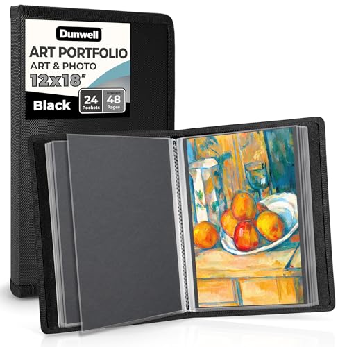Dunwell 12x18 Art Portfolio Binder with Mounting Paper (Black), Large Portfolio Folder for Artwork Storage, 24 Clear Sleeves Display 48 Pages, 12 x 18 Presentation Book, Acid-Free Poly - color: Black, size: 12x18" w/ BLK Paper