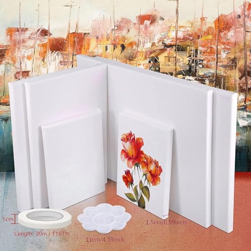 Canvases for Painting, 40x30, 30x20, 20x15, 8 Set Stretched White Canvas with Petal Paint Tray Palettes & Tape, Artist Canvases Frame Board Panels, Cotton Canvas for Oil, Acrylic, Watercolor