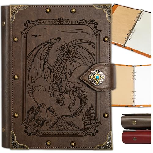 DUROTAN DND Journal Dragon Notebook A5 Binder Diary 400 Pages | For D&D Gift Set Dungeons and Dragons Accessories Role Playing Games DM & Players RPG - color: 3-GrayBrown-FlyingDragon