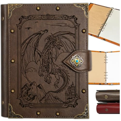 DUROTAN DND Journal Dragon Notebook A5 Binder Diary 400 Pages | For D&D Gift Set Dungeons and Dragons Accessories Role Playing Games DM & Players RPG - color: 3-GrayBrown-FlyingDragon