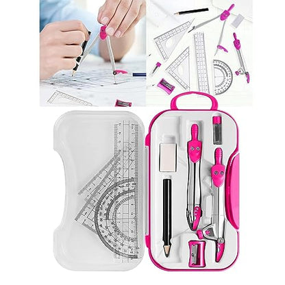 LUNIZ Drawing Compass Mathematical Geometry Kit Protractor Compass Set Triangle Ruler Stationery Eraser Drawing Tool Engineering Office Tools Drafting Tools (Color : Pink) - color: Pink